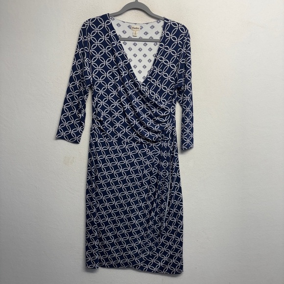 Hatley M Navy Blue 3/4 Sleeve Surplice Midi Dress Stretch Geometrick Printed - Picture 1 of 7